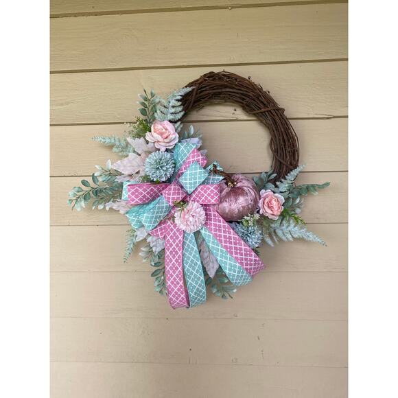 Pink & Mint Green Fall Grapevine Wreath Velvet Pumpkin, Roses, Bow Elegant Decor - Picture 1 of 9
